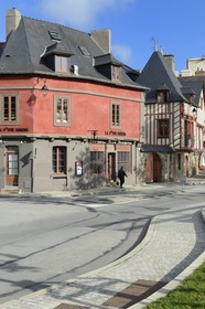 France, Morbihan, Gulf of Morbihan (Golfe du Morbihan), Vannes, Eric Tabarly's dock on the marina and half timbered houses in the background