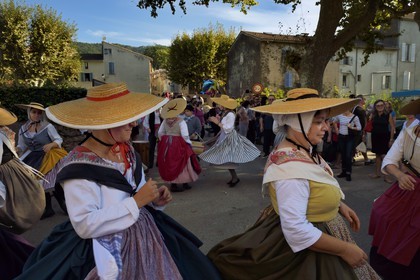 France, Var, Massif des Maures, Collobrières, group of traditional Provencal dancers and musicians at the chestnut festivals