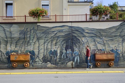 France, Moselle, Fensch Valley, Algrange, Four Mines mural dedicated to iron miners by artist Greg Gawra