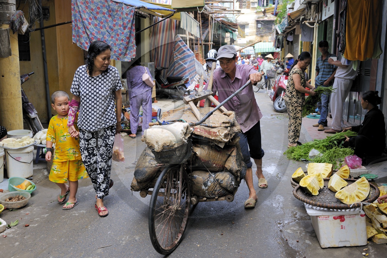 Vietnam, Hanoï, quartier Le Duan dans la vieille ville, tranxport de marchandises