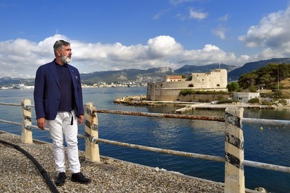 France, Var, the Rade (Roadstead) of Toulon, area of Morillon, the Tour Royale (Royal Tower) also called La Grosse Tour) seen from the torpedo mole in the heart of the harbor, Jean-Pierre Blanc director of Villa Noailles and founder of the Design parade