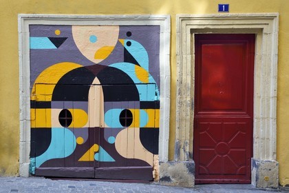 France, Puy-de-Dôme (63), Clermont-Ferrand, street art, porte d'un commerce au rez-de-Chaussée du 1 rue Blaise Pascal