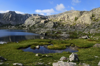 France, Alpes-Maritimes, parc national du Mercantour (Mercantour National Park), the Vallee des Merveilles (Valley of Wonders) scattered with thousands of rupestral engravings of the Bronze Age, the Fourcat lake