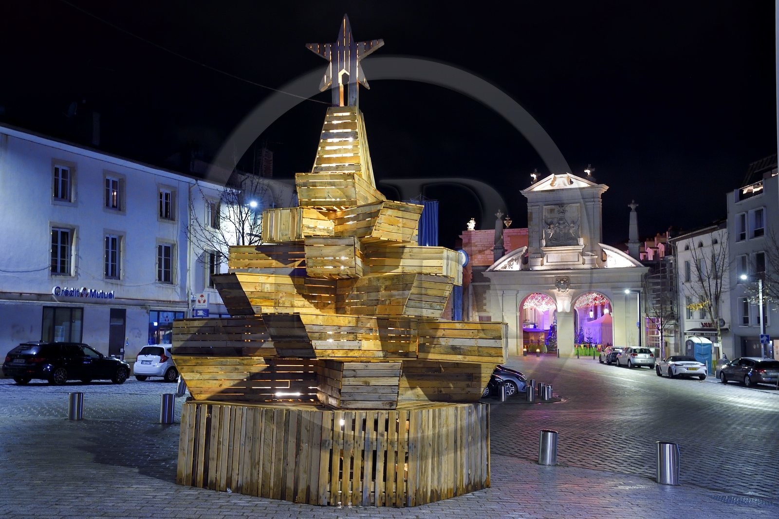 France, Meurthe-et-Moselle, Nancy, Place des Vosges and Porte Saint Nicolas in the background, the Vive Le Vent of the art cabinet maker and co-founder of L'Atelier 1954 Bastien Ruhland exhibited during the feast of Saint Nicholas