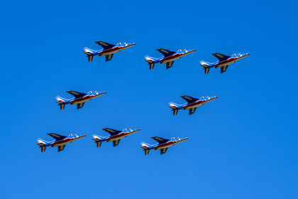France, Bouches du Rhone, Salon de Provence, air base 701, base of the Patrouille de France (PAF for Patrouille acrobatique de France) of the French Air and Space Force, Alphajet planes fly in diamond formation