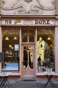 France, Haut Rhin, Colmar, Cafe with its art nouveau facade on rue des Marchands