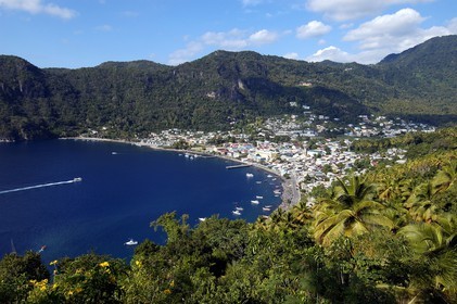 Caribbean sea, St Lucia island, bay and village of Soufriere