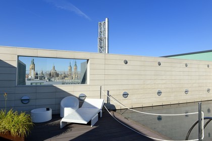 Spain, Aragon, Zaragoza, Hotel Alfonso roof top and the Basilica del Pilar (Our Lady of the Pillar) in the window opening