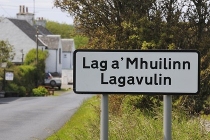 United Kingdom, Scotland, Inner Hebrides, Islay Island, Port Ellen, road sign at the entrance of the village of Lagavulin