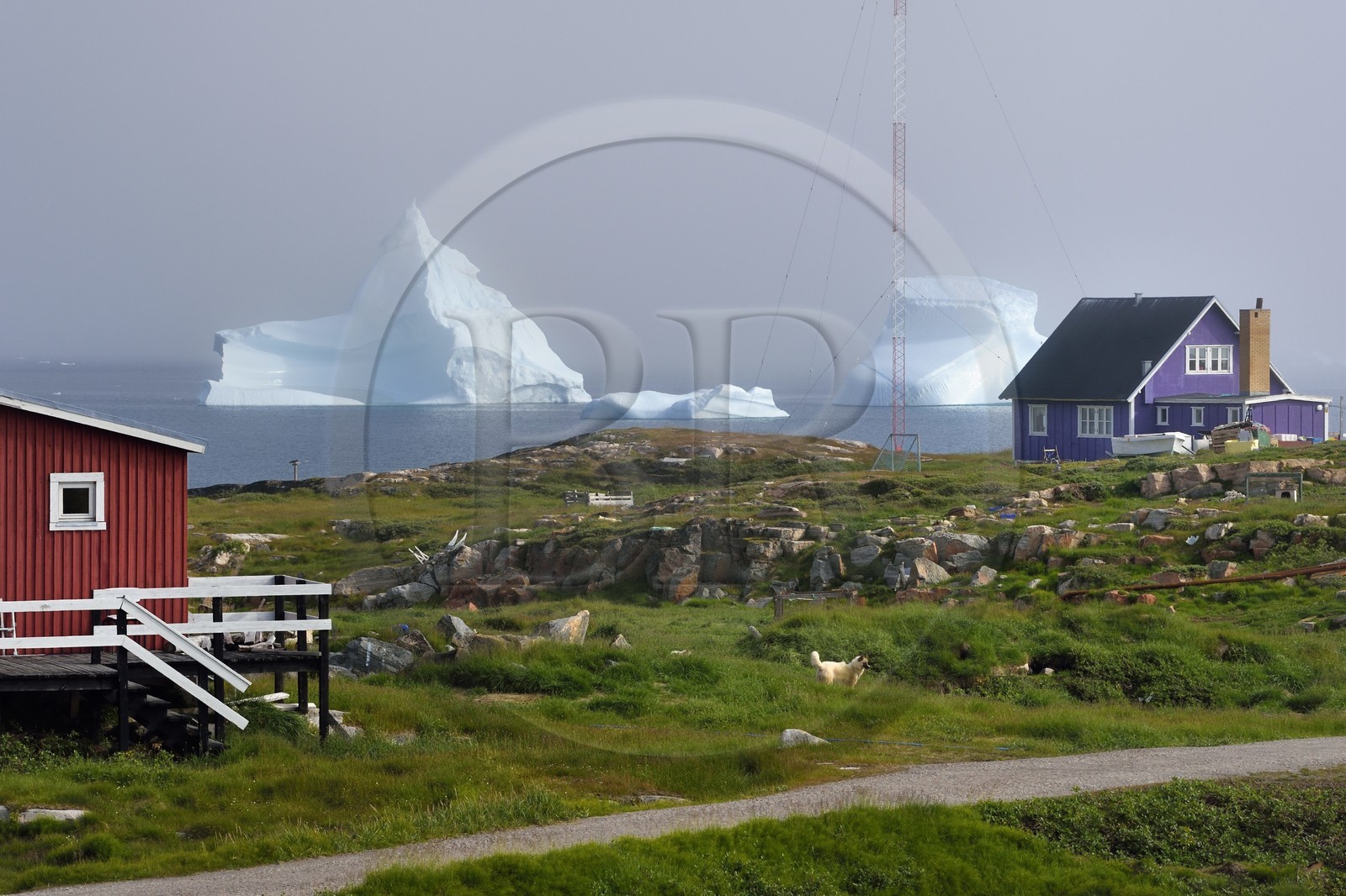 Greenland, west coast, Disko Island, houses in the village of Qeqertarsuaq and icebergs in the background