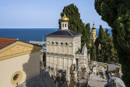 France, Alpes-Maritimes, Menton, old town, the Old Castle cemetery, marine cemetery, Orthodox chapel built in 1884 by Count-Protasov Bechmetieff, the Basilica of Saint Michael in the background