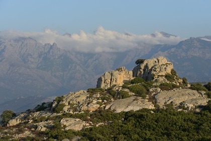 France, Haute Corse, the mountains around Calvi seen from Notre Dame de la Serra chapel