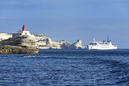 France, Corse du Sud, Bonifacio, connecting ferry to Sardinia arrival towards the limestone cliffs and the lighthouse at the entrance of the cove