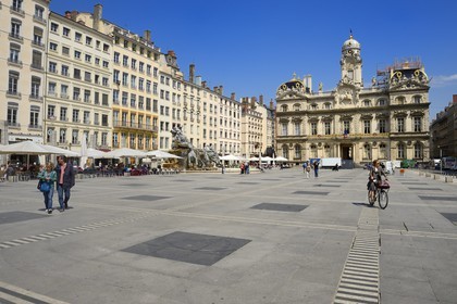 France, Rhone, Lyon, historical site listed as World Heritage by UNESCO, Place des Terreaux renovated by Daniel Buren, City Hall and Bartholdi Fountain
