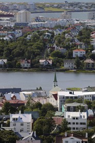 Iceland, Reykjavik, Iceland Frikirkja Free Church at Lake Tjörnin