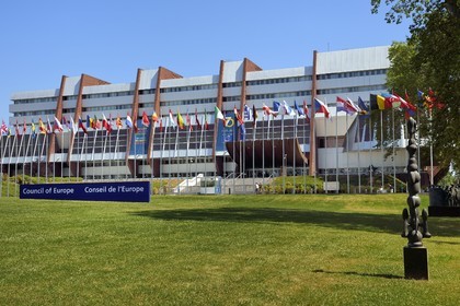 France, Bas Rhin, Strasbourg, European district, the Palace of Europe with flags of member States, seat of the Council of Europe
