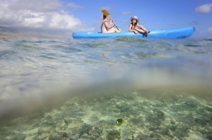 France, Ile de la Reunion, Côte Ouest, Saint-Gilles-Les-Bains (commune de Saint-Paul), kayak sur le récif corallien du lagon de l'Ermitage et de La Saline-Les-Bains (vue sous-marine)