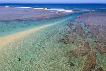 France, Reunion Island (French overseas department), West Coast, Saint Gilles les Bains lagoon beach at Ermitage les Bains, fishermen in the lagoon and shark nets across the Passe de l'Ermitage in the background (aerial view)