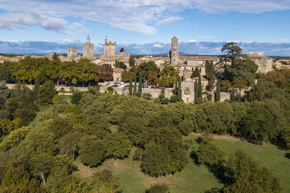 France, Gard, Uzès, the King's tower, the Eveché tower, the Ducal castle called Le Duché with the Bermonde tower and the Saint-Théodorit cathedral with the Fenestrelle tower on the right (aerial view)