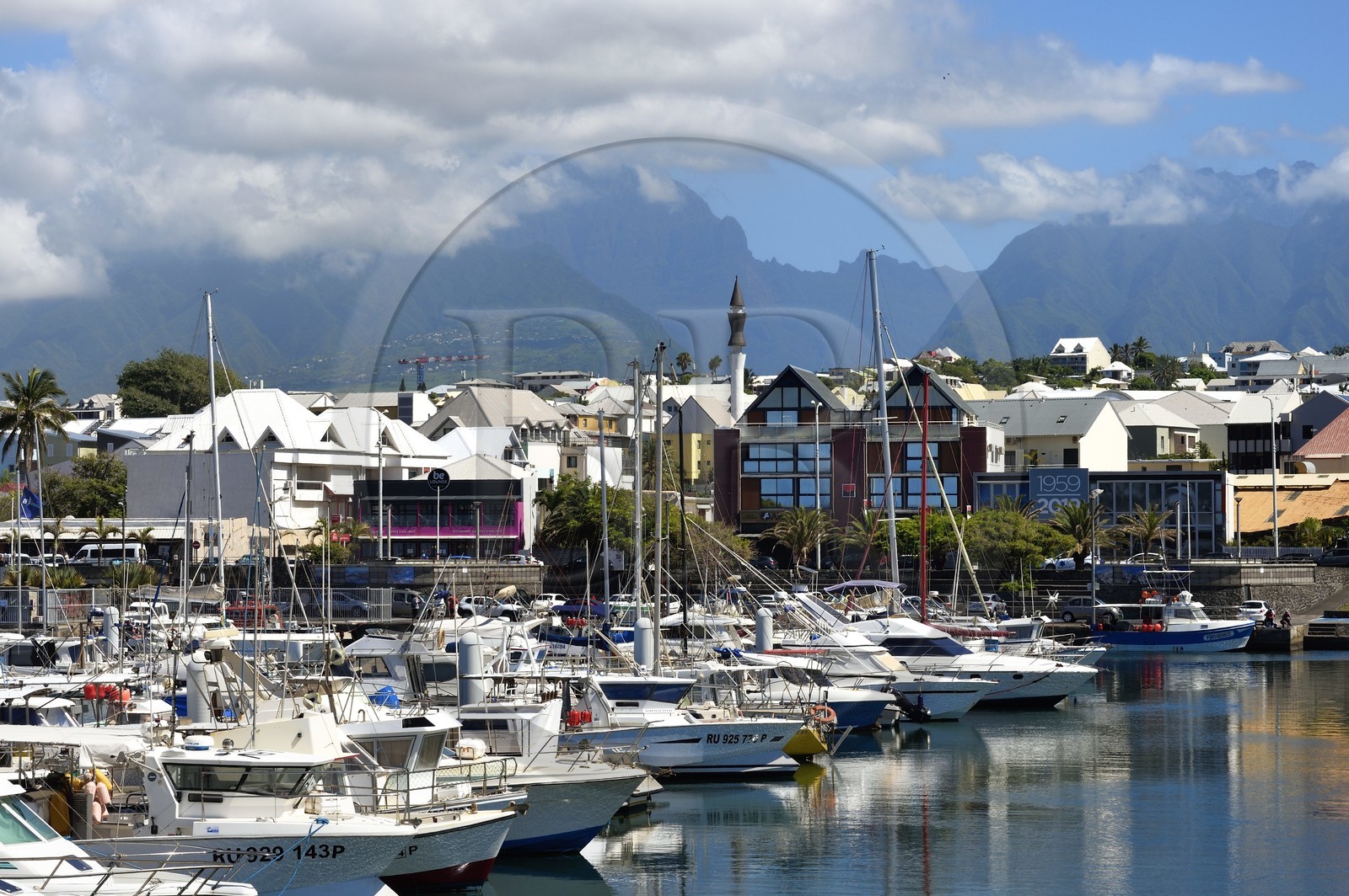 France, Ile de la Reunion, ville de Saint-Pierre, le port de plaisance et de peche, la mosquée Attyab oul Massadjid en arrière plan