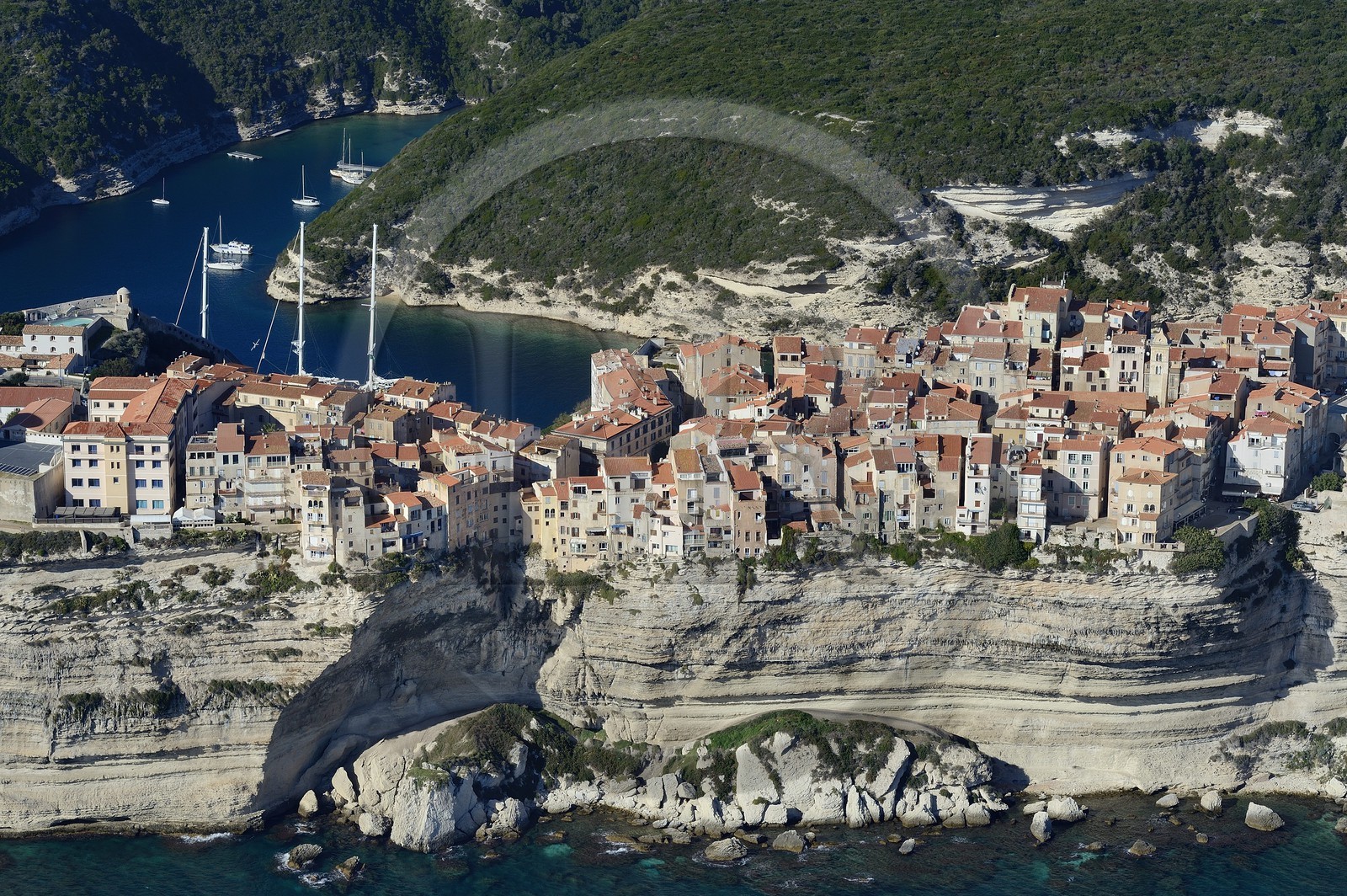 France, Corse-du-Sud (2A), Bonifacio, les falaises calcaires, la citadelle et la vieille ville (vue aérienne)