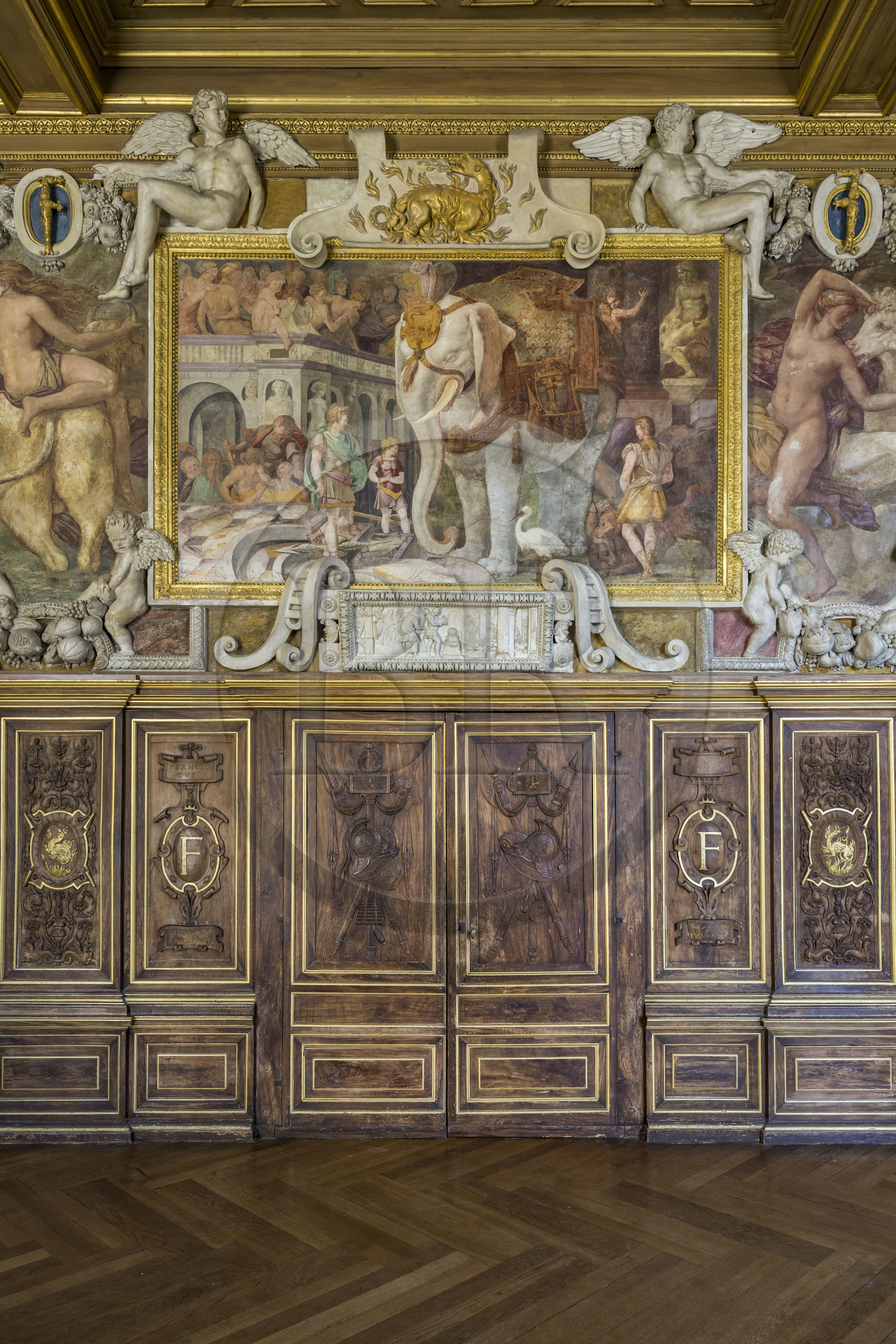France, Seine-et-Marne, Fontainebleau, castle of Fontainebleau listed as World Heritage by UNESCO, the Francois 1er Gallery built between 1528 and 1530, the Elephant with a caparison, fresco by the artist Rosso Fiorentino around 1536