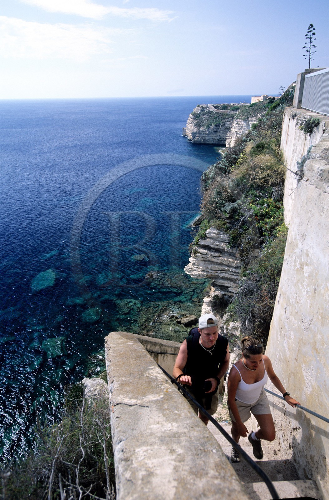 France, Corse du Sud, Bonifacio, tourists climbing the stairs of the king of Aragon (escalier du roi d'Aragon)