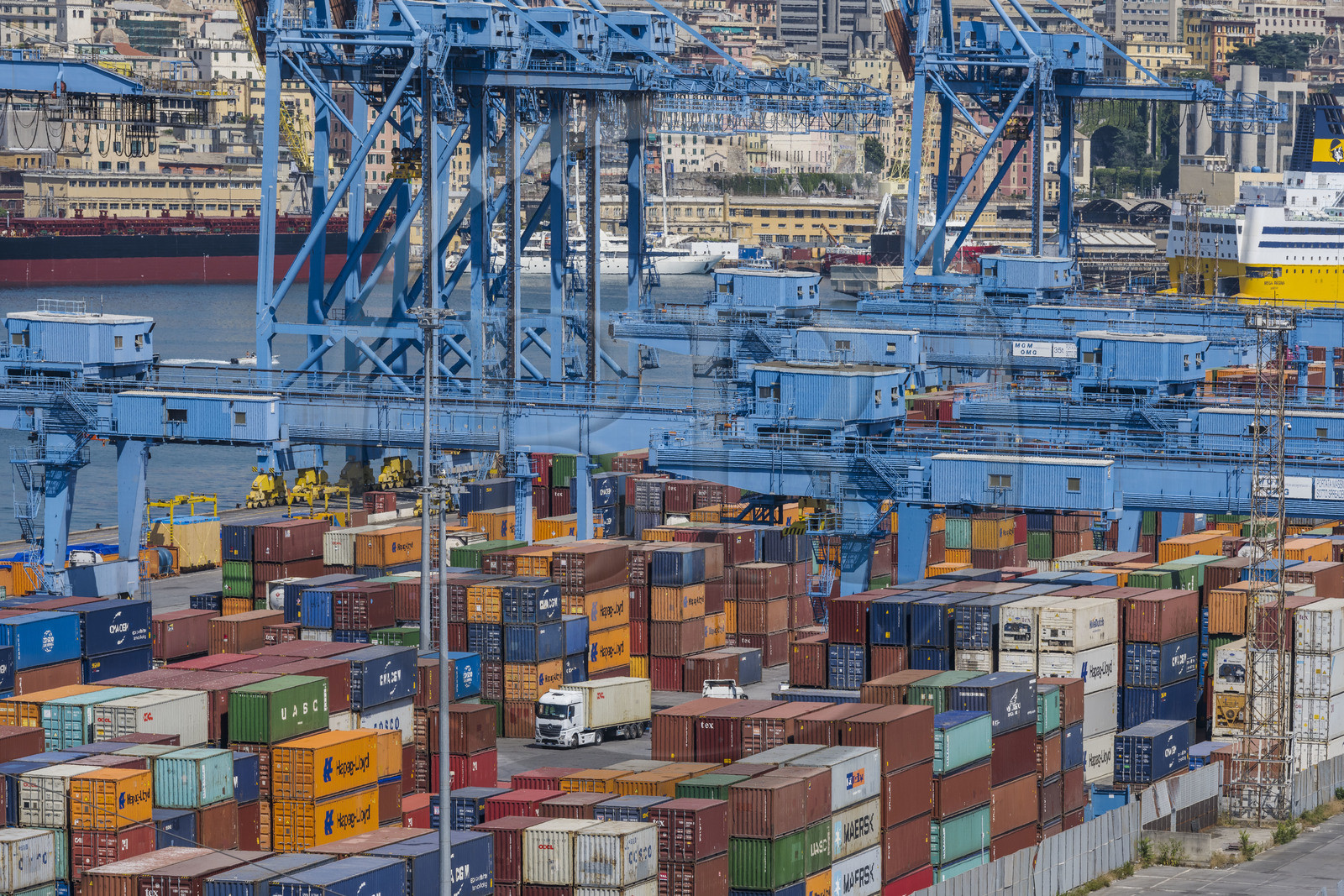 Italy, Liguria, Genoa, the container terminal of the commercial port and the city in the background, handling gantries