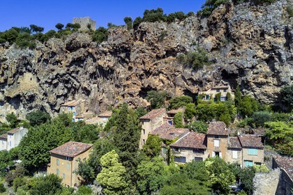 France, Var, Provence Verte, Cotignac, troglodyte habitat in the tufa cliff of 80 meters high and 400 meters wide (aerial view)