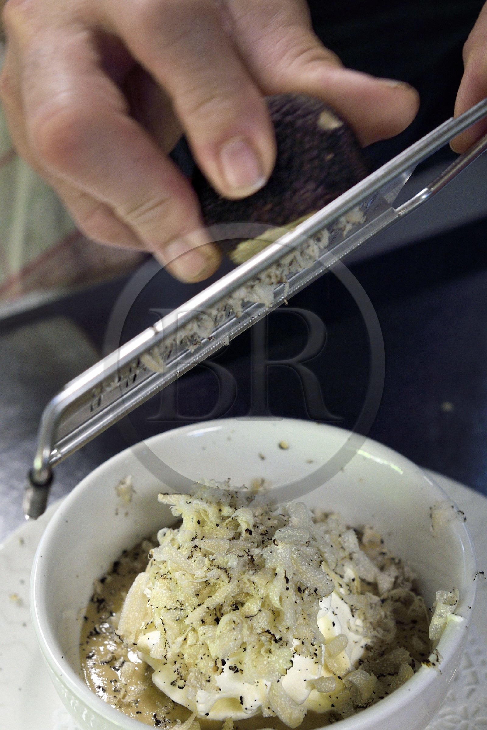 France, Var (83), Aups, restaurant Le Provençal, recette à base de truffes, cappuccino de champignons à la truffe d'été