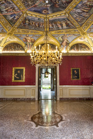 Italy, Liguria, Genoa, Rolli Palace listed as World Heritage by UNESCO, the palazzo Interiano Pallavicino built in 1567, the living room on the first noble floor, on the ground the coat of arms of the Grimaldi to which the palace also belonged