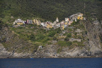 Italy, Liguria, Cinque Terre National Park listed as World Heritage by UNESCO, the village of Corniglia located at the top of a promontory overlooking the Mediterranean Sea at an altitude of about 100 m