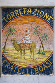 Italy, Liguria, Genoa, alley of the old historic center, mosaic of the sign of the Torrefazione fratelli Boasi cafe in Vico Inferiore del Ferro street