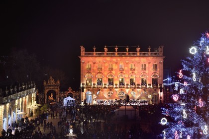 France, Meurthe-et-Moselle, Nancy, place Stanislas (former Place Royale) during the feast of Saint-Nicolas, listed as World Heritage by UNESCO, the Fanfare des Enfants du Boucher (Butcher's Children's Marching Band) plays from the Opera National de Lorraine