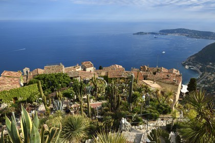 France, Alpes-Maritimes, the hilltop village of Eze and its Exotic Garden, Saint-Jean-Cap-Ferrat in the background