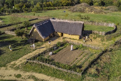 France, Calvados, Herouville Saint Clair, Domaine de Beauregard, Ornavik Historical Park, reconstruction of a Carolingian village with its artisans and farmers, the big farm (aerial view)