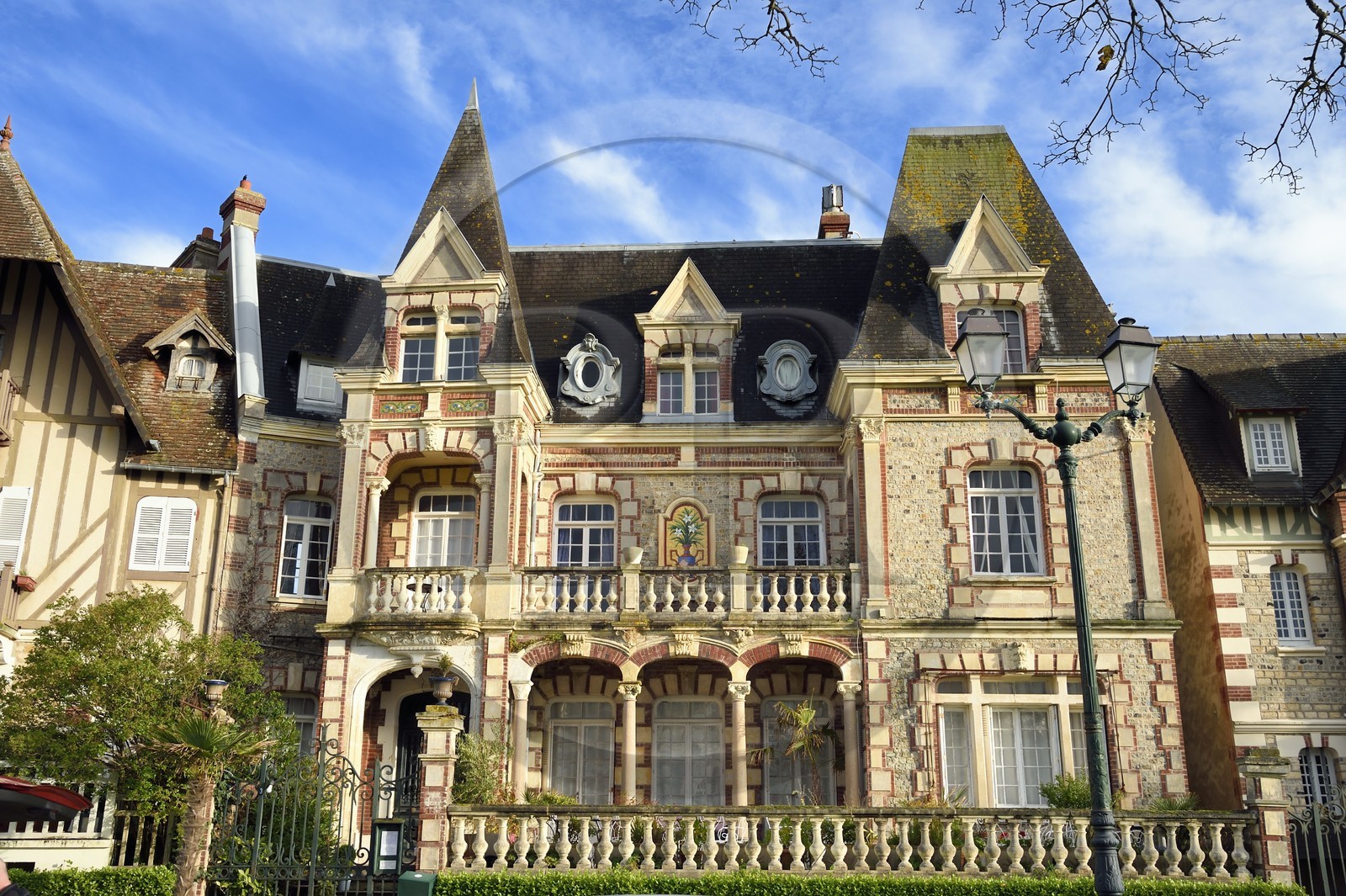 France, Calvados, Pays d'Auge, the cote Fleurie (Flowered coast), Cabourg, seaside architecture villa on Jardin du Casino square France, Calvados, Pays d'Auge, the cote Fleurie (Flowered coast), Cabourg, seaside architecture villa on Jardin du Casino square