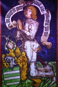 France, Bas Rhin, Northern Vosges Regional Natural Park, Lembach, Fleckenstein Castle, reproduction of a stained glass window of the Saint-Georges de Haguenau church representing Jacques 1er de Fleckenstein who died in 1514
