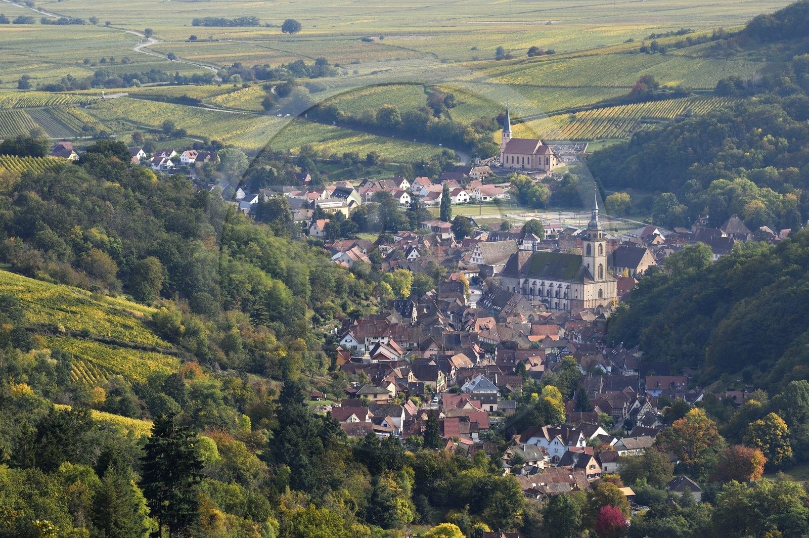 France, Bas-Rhin (67), Route des vins d'Alsace, Andlau, point de vue sur le village et l'église abbatiale Saint-Pierre-et-Saint-Paul (XIème-XVIIIème siècles) vu depuis le chateau de Spesbourg