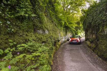 France, Bas-Rhin, Parc regional des Vosges du nord (Northern Vosges Regional Natural Park), La Petite Pierre, the small forest road dug in the sandstone rock at the exit of the village