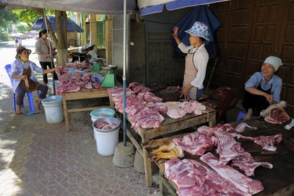 Vietnam, province de Lao Cai, Bac Ha,  étal de viande