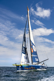 France, Vendee, Les Sables d'Olonne, skipper Manuel Cousin training on his 60-foot monohull sailboat IMOCA Coup de Pouce