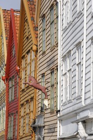 Norvège, comté de Hordaland, Bergen, maisons en bois du quartier de Bryggen, classé Patrimoine Mondial de l'UNESCO, ancien comptoir de la ligue hanséatique (la Hanse)