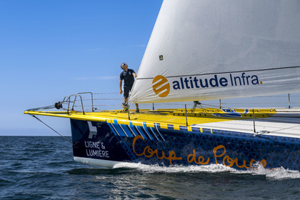 France, Vendee, Les Sables d'Olonne, skipper Manuel Cousin training on his 60-foot monohull sailboat IMOCA Coup de Pouce