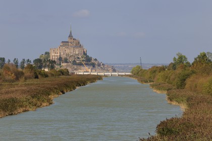 France, Manche, Bay of Mont Saint Michel, Mont Saint Michel, listed as World Heritage by UNESCO, the new dam created to efficiently deal with the hunts of Couesnon