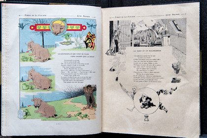 France, Aisne (02), Château-Thierry, Musée Jean de La Fontaine - Ville de Chateau-Thierry, livre des Fables de La Fontaine illustrées par Benjamin Rabier, Edition Jules Tallandier, 1906, in-folio, La Grenouille qui se veut faire aussi grosse que le bœuf fable III du livre I