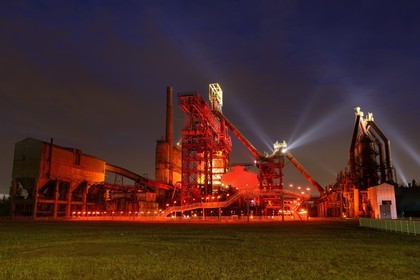 France, Moselle, Fensch Valley, Uckange steel mill, Blast furnace U4 park highlighted by Tous Les Soleils (All the Suns) by the visual artist (C) Claude Lévêque