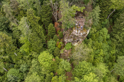 France, Bas-Rhin, Parc regional des Vosges du nord (Northern Vosges Regional Natural Park), La Petite Pierre, the Rocher Blanc (White Rock), pink sandstone rock to which the clear lichen give its name, of the Trois Roches trail (aerial view)