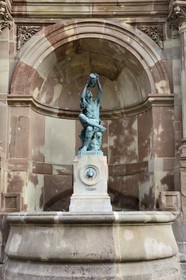 France, Haut Rhin, Colmar, the Little Alsatian Wine grower by Auguste Bartholdi installed in 1869 in a niche fountain housed in the southwestern corner of the Covered Market Hall