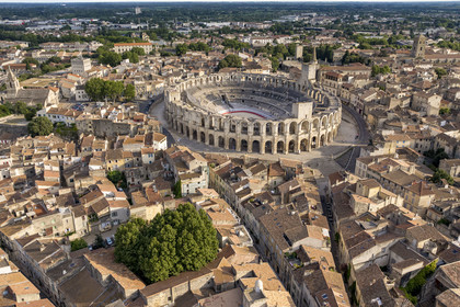 France, Bouches du Rhone, Arles, the Arena, a Roman amphitheater built around 80-90 AD, listed as World heritage by UNESCO, in the heart of the old town (aerial view)